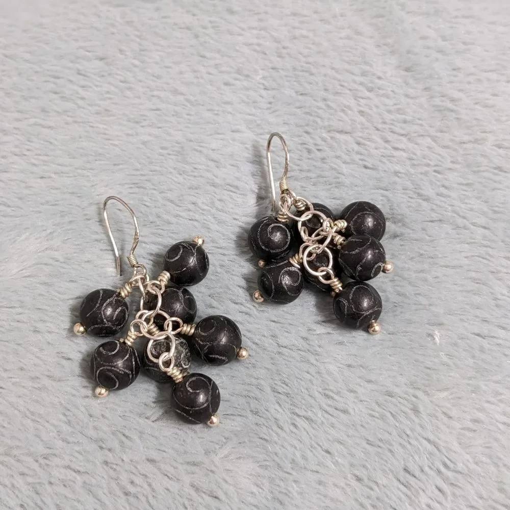 Vintage Artisan Made Carved Ceramic Bead Dangle Earrings on Sterling Silver - Picture 7 of 10